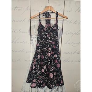 Hot Topic Black Floral Butterfly Halter Rockabilly Dress Small Lace Trim